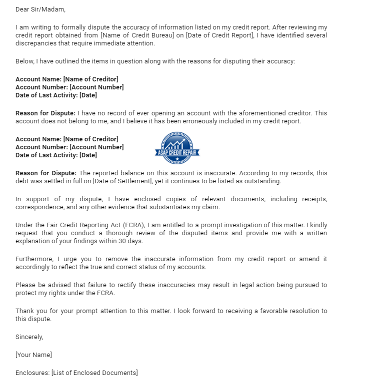credit dispute letter sample